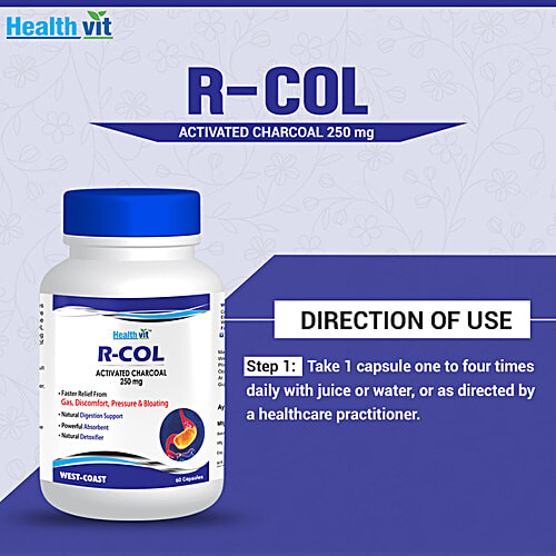 Healthvit R-Col Activated Charcoal 250 mg Capsules - Natural Digestion Support, 60 pcs  