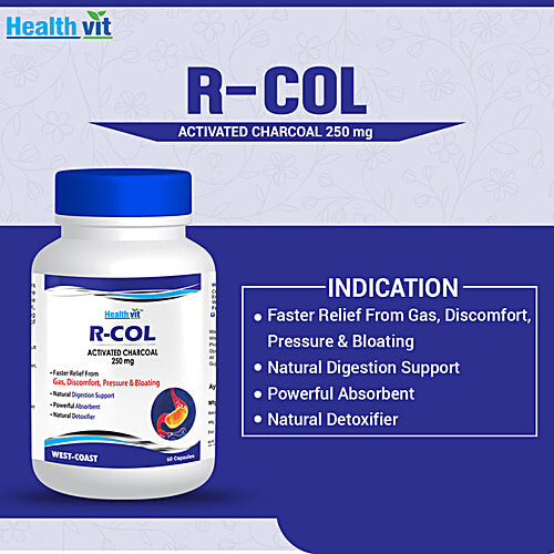 Healthvit R-Col Activated Charcoal 250 mg Capsules - Natural Digestion Support, 60 pcs  