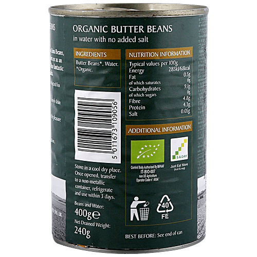 Epicure Organic Butter Beans - In Water With No Added Salt, 400 g  