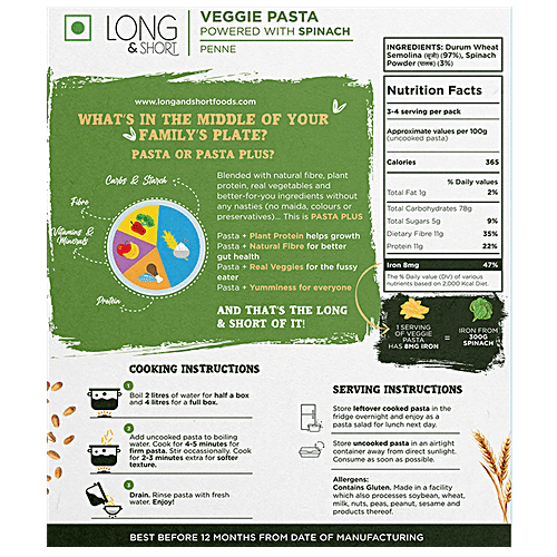 Buy Long&Short Veggie Pasta With Spinach, High In Fibre, Whole Wheat