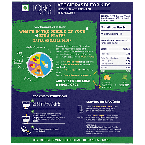 Buy Long&Short Junior Veggie Pasta For Kids With Spinach, High In