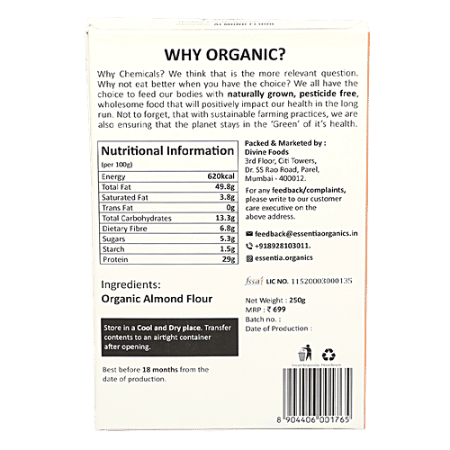 Essentia Organics Organic Almond Flour - Vegan, Gluten Free & No Chemicals, 250 g  
