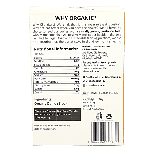 Essentia Organics Organic Quinoa Flour - Vegan, Gluten Free & No Chemicals, 250 g