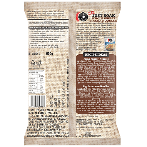 Ching's Secret Just Soak - Whole Wheat Hakka Noodles, 98% Atta, 600 g  