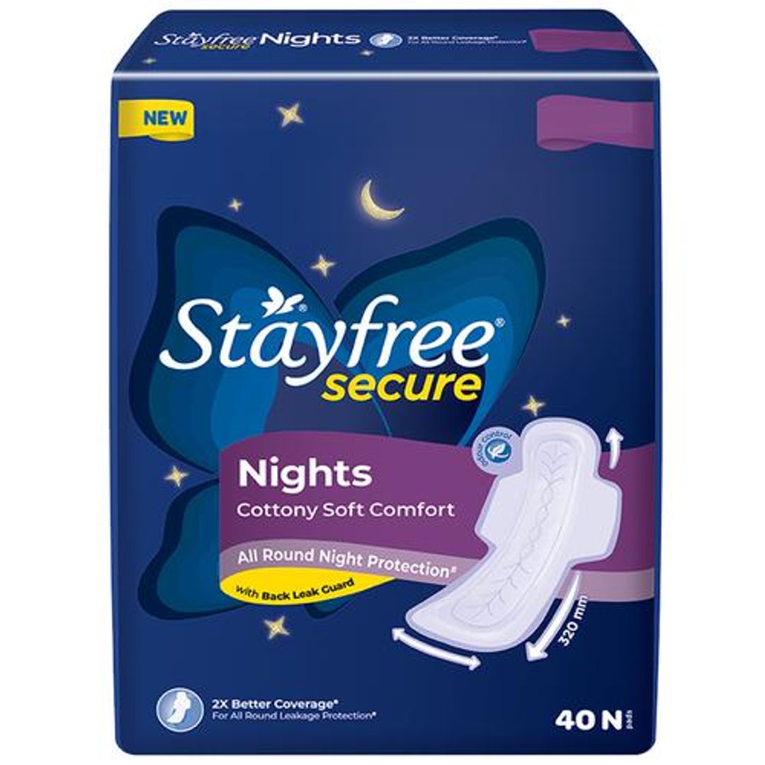 STAYFREE Secure Nights Sanitary Pad - Cottony Soft Comfort & Back Leak Guard, 40 pcs 