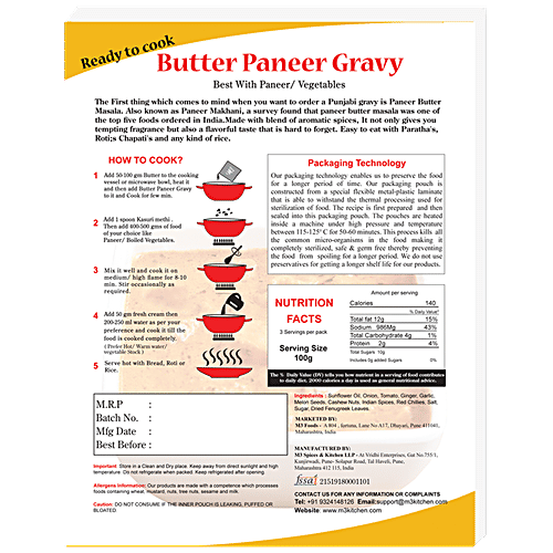 M3 Kitchen Ready To Cook - Butter Paneer Gravy,100 % Natural With No Preservatives, 300 g (Buy 1 Get 1 Free) 