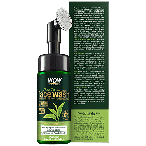 Wow Skin Science Green Tea Foaming Face Wash - Built-In Face Brush, For Deep Cleansing, 150 ml