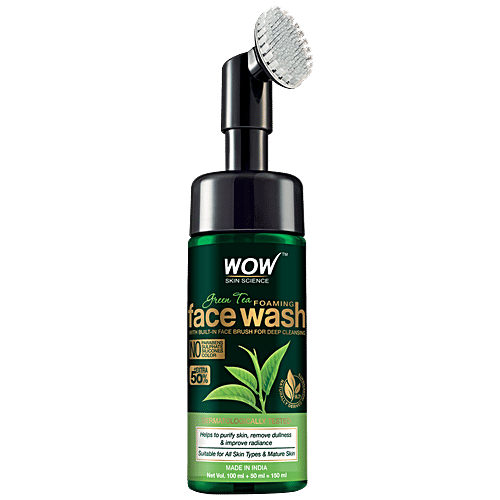 Wow Skin Science Green Tea Foaming Face Wash - Built-In Face Brush, For Deep Cleansing, 150 ml