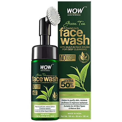 Wow Skin Science Green Tea Foaming Face Wash - Built-In Face Brush, For Deep Cleansing, 150 ml
