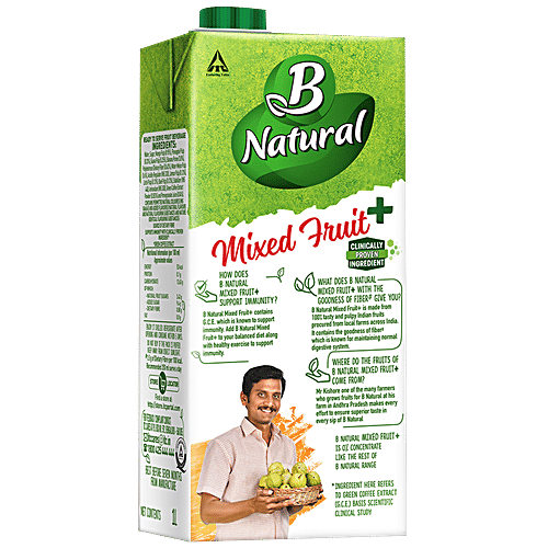 B Natural Mixed Fruit+ Juice, With Green Coffee Extract - Rich In Vitamin C & Fibre, Indian Fruit & 0% Concentrate, 1 L