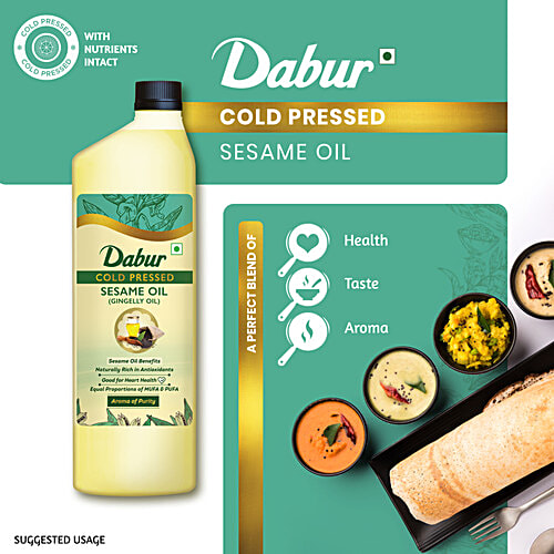 Dabur Cold Pressed Sesame (Gingelly/Til) Cooking Oil, Perfect Blend of Health, Taste & Aroma, Promotes Heart Health & Lowers Cholesterol Levels, 1 L  