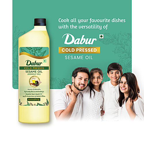 Dabur Cold Pressed Sesame (Gingelly/Til) Cooking Oil, Perfect Blend of Health, Taste & Aroma, Promotes Heart Health & Lowers Cholesterol Levels, 1 L  