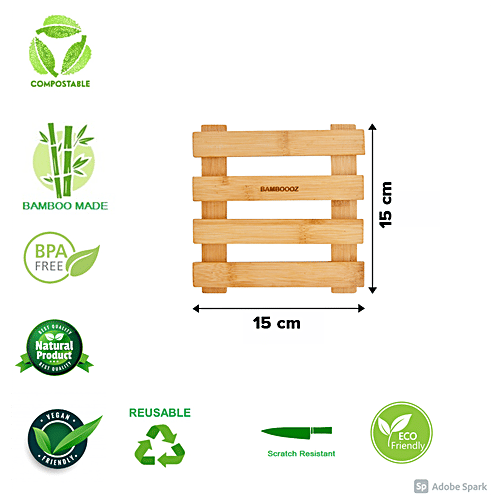 Bamboooz Trivet/Table Coaster/Pot Holder - Bamboo Wood, Square, 15 cm x15 cm, 1 pc  