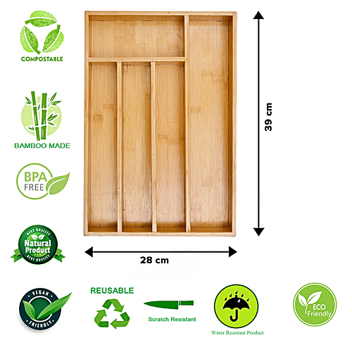 Bamboooz Bamboo Wood Cutlery Drawer Organizer Tray,5 Compartments, 40 cm x 28 cm, 1 pc  