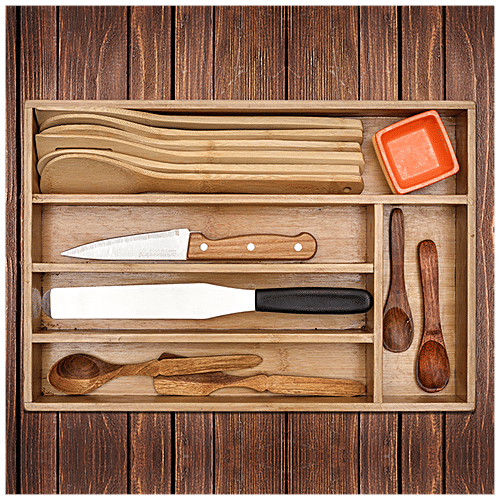 Bamboooz Bamboo Wood Cutlery Drawer Organizer Tray,5 Compartments, 40 cm x 28 cm, 1 pc  
