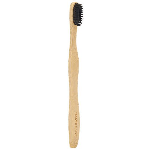 Bamboooz Bamboo Toothbrush With Activated Charcoal Bristles - Curved Grip, 7.5 cm, Gold, 1 pc