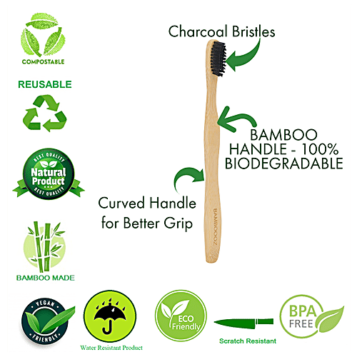 Bamboooz Bamboo Toothbrush With Activated Charcoal Bristles - Curved Grip, 7.5 cm, Gold, 1 pc
