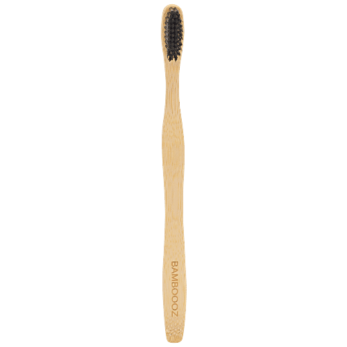 Bamboooz Bamboo Toothbrush With Activated Charcoal Bristles - Curved Grip, 7.5 cm, Gold, 1 pc