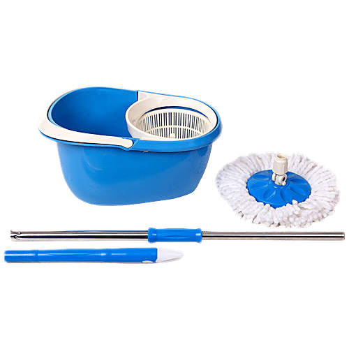 Frestol Spin Mop With Bucket - Plastic, With Rod, Refill Included, Blue, 1 pc  