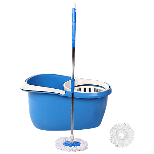 Frestol Spin Mop With Bucket - Plastic, With Rod, Refill Included, Blue, 1 pc  