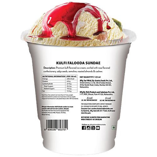 Baskin Robbins Kulfi Falooda Sundae Ice Cream - Made With Cow Milk & Tree Nuts, Premium, Rich, 125 ml  