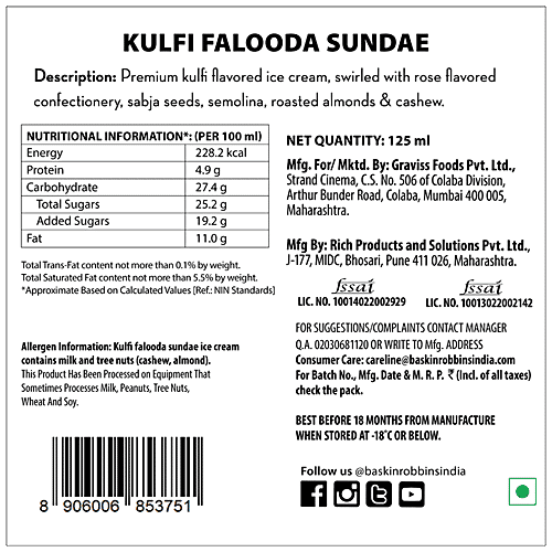 Baskin Robbins Kulfi Falooda Sundae Ice Cream - Made With Cow Milk & Tree Nuts, Premium, Rich, 125 ml  