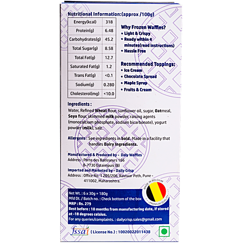 Dely Toaster Belgian Waffles - Classic, Frozen, No Added Preservatives, 6 pcs 30 g