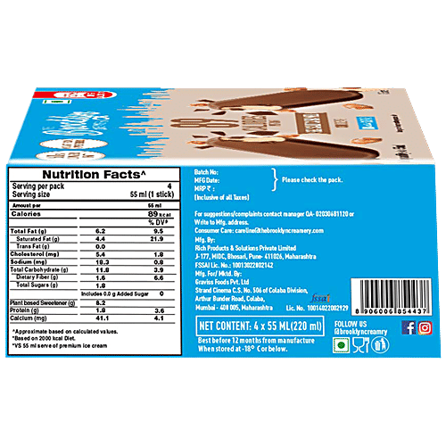 The Brooklyn Creamery Sea Salt Caramel Chocobar - No Added Sugar, 60% Lower Fat, Plant Based Sweetener, 220 ml (55ml x 4 Pcs) 