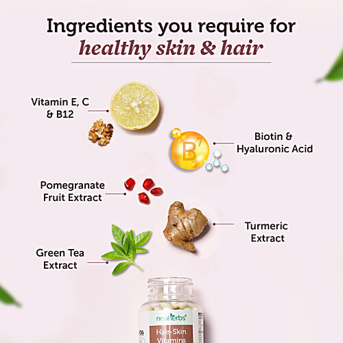 Neuherbs Hair-Skin Vitamins Supplement Capsules With Hyaluronic Acid, 60 pcs  Vitamin C & E For Radiant Skin & Hair Re-Growth