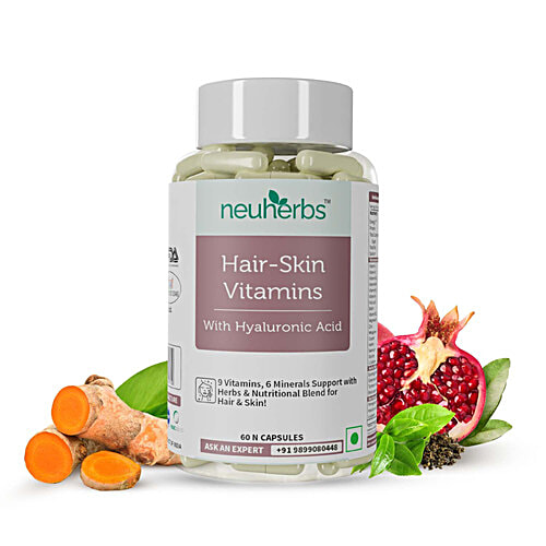 Neuherbs Hair-Skin Vitamins Supplement Capsules With Hyaluronic Acid, 60 pcs  Vitamin C & E For Radiant Skin & Hair Re-Growth
