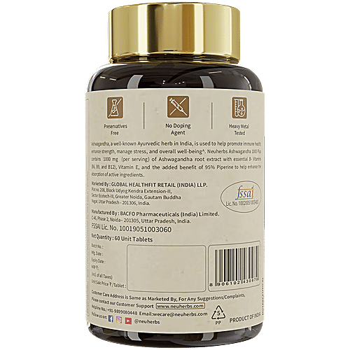 Neuherbs Ashwagandha 1000 mg With B Vitamins & E Tablets, 60 pcs Boost Energy, Immunity, Strength & Reduce Stress