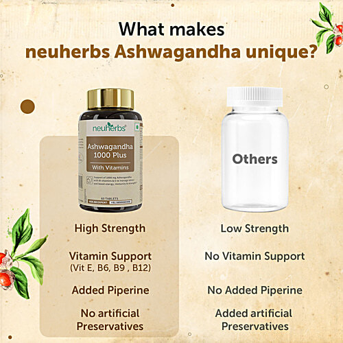 Neuherbs Ashwagandha 1000 mg With B Vitamins & E Tablets, 60 pcs Boost Energy, Immunity, Strength & Reduce Stress