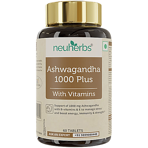 Neuherbs Ashwagandha 1000 mg With B Vitamins & E Tablets, 60 pcs Boost Energy, Immunity, Strength & Reduce Stress