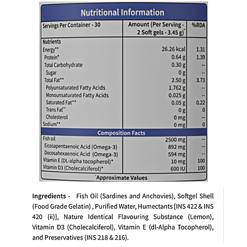 Neuherbs Deep-Sea 2500 mg Lemon Flavour Omega 3 Fish Oil Soft Gels, 60 pcs Chloesterol Free, No Fishy Burp, Support Heart,Brain,Bone,Skin, EPA - 892 mg, DHA - 594 mg