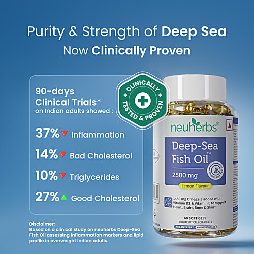 Neuherbs Deep-Sea 2500 mg Lemon Flavour Omega 3 Fish Oil Soft Gels, 60 pcs Chloesterol Free, No Fishy Burp, Support Heart,Brain,Bone,Skin, EPA - 892 mg, DHA - 594 mg