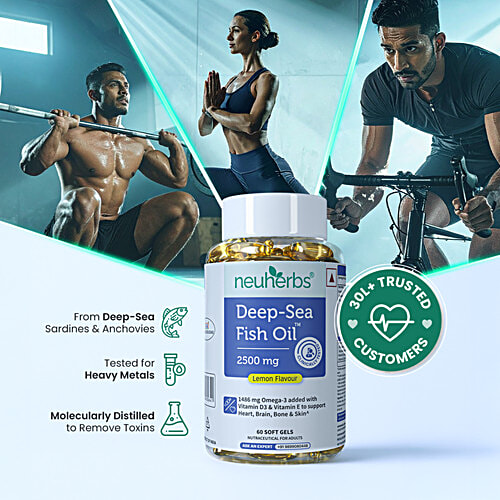 Neuherbs Deep-Sea 2500 mg Lemon Flavour Omega 3 Fish Oil Soft Gels, 60 pcs Chloesterol Free, No Fishy Burp, Support Heart,Brain,Bone,Skin, EPA - 892 mg, DHA - 594 mg