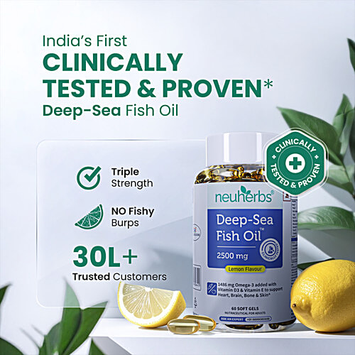 Neuherbs Deep-Sea 2500 mg Lemon Flavour Omega 3 Fish Oil Soft Gels, 60 pcs Chloesterol Free, No Fishy Burp, Support Heart,Brain,Bone,Skin, EPA - 892 mg, DHA - 594 mg