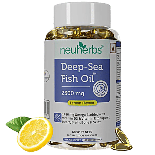 Neuherbs Deep-Sea 2500 mg Lemon Flavour Omega 3 Fish Oil Soft Gels, 60 pcs Chloesterol Free, No Fishy Burp, Support Heart,Brain,Bone,Skin, EPA - 892 mg, DHA - 594 mg