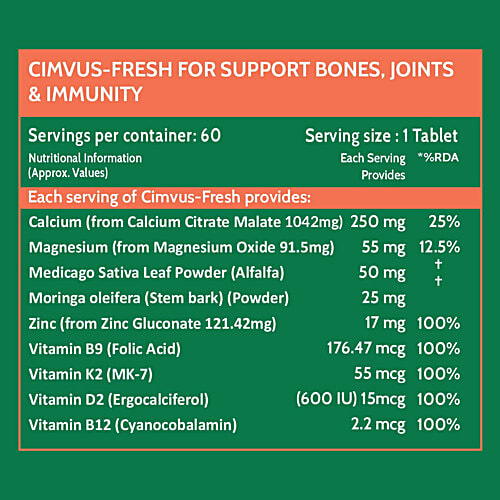 Carbamide Forte Calcium Tablets - With Magnesium, Zinc, Vitamin D, K2 & B12, For Men & Women, 60 pcs  