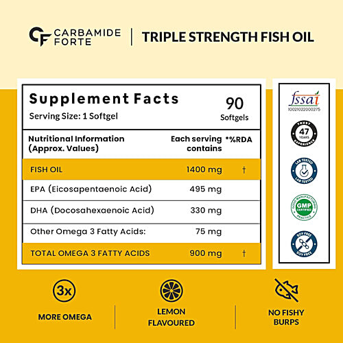 Carbamide Forte Triple Strength Omega 3 Fish Oil 1400mg Softgel Capsules - For Heart & Brain, 90 pcs  