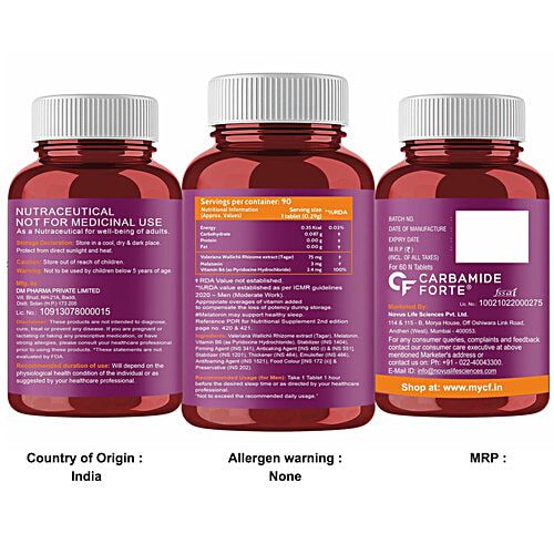 Carbamide Forte Melatonin 3mg + Tagara 75mg Vegetarian Tablets - For Restful Sleep, 90 pcs  