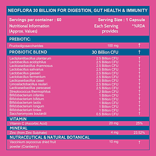 Carbamide Forte Probiotics 30 Billion + 100mg Prebiotics Vegetarian Capsules - Better Digestion, 60 pcs  