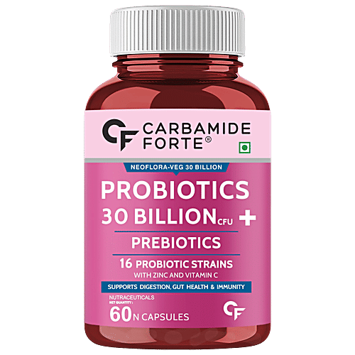 Carbamide Forte Probiotics 30 Billion + 100mg Prebiotics Vegetarian Capsules - Better Digestion, 60 pcs  