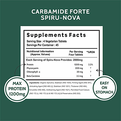 Carbamide Forte Organic Spirulina 2000mg Vegetarian Tablets - For Energy, Immunity, 180 pcs  