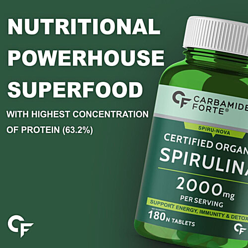 Carbamide Forte Organic Spirulina 2000mg Vegetarian Tablets - For Energy, Immunity, 180 pcs  