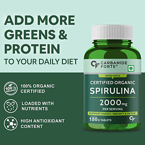 Carbamide Forte Organic Spirulina 2000mg Vegetarian Tablets - For Energy, Immunity, 180 pcs  