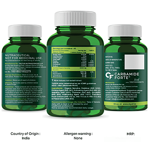 Carbamide Forte Organic Spirulina 2000mg Vegetarian Tablets - For Energy, Immunity, 180 pcs  