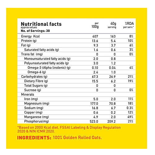 Yoga Bar Rolled Oats - High In Fibre, Gluten-Free, Ideal Breakfast For Weight Loss, 1 kg