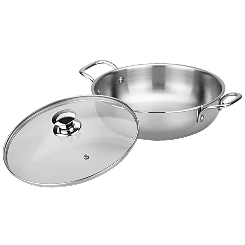 Butterfly Royale Tri-Ply Stainless Steel Kadai - 3 Layer, Induction Bottom, 24 cm, Glass Lid, With Handle, 2 l  