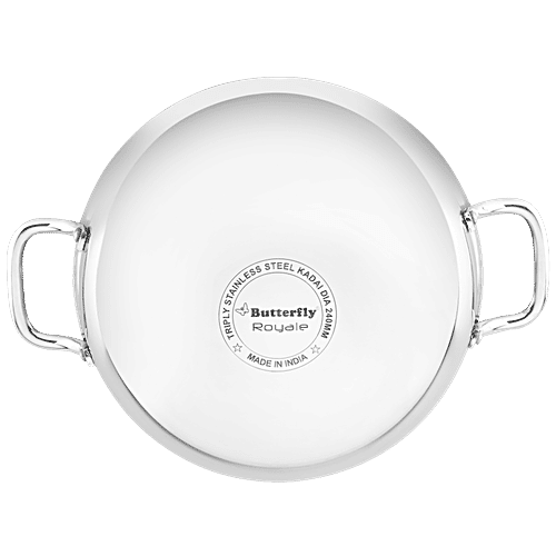 Butterfly Royale Tri-Ply Stainless Steel Kadai - 3 Layer, Induction Bottom, 24 cm, Glass Lid, With Handle, 2 l  